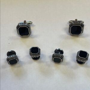 Men's Black and Silver Octagon Cufflinks with Matching Shirt Studs Set